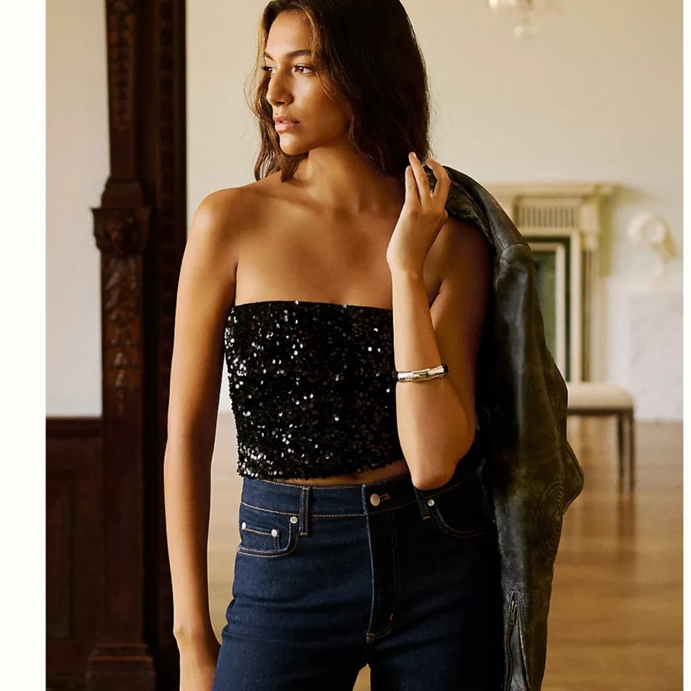 Anthropologie Black Sequin Strapless Crop Top NWT